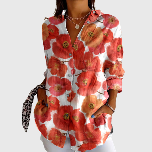 Blusa de Botones con Estampado de Amapolas
