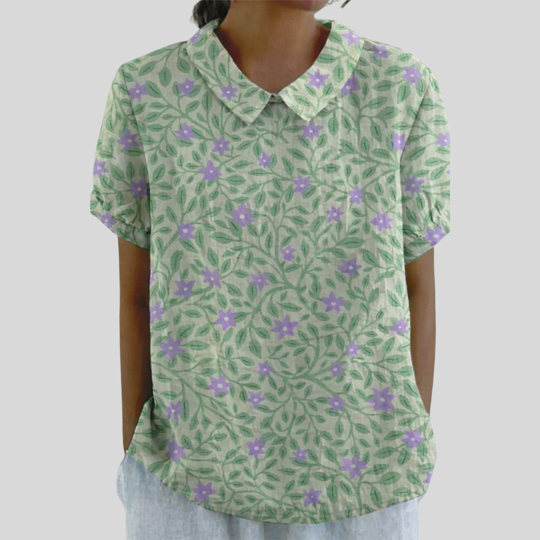 Blusa de Botones de Manga Corta con Estampado de Follaje Lila