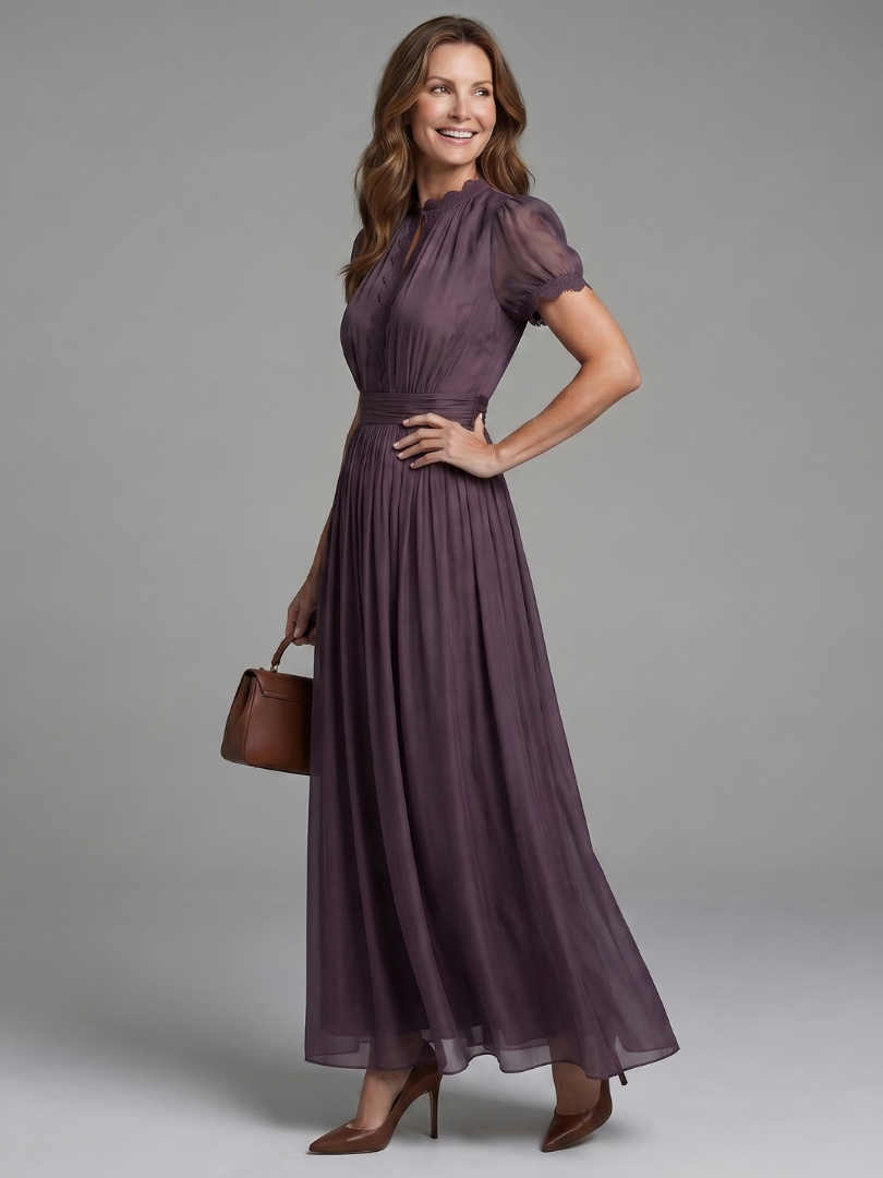 María Elena Vestido largo en ciruela con manga abullonada
