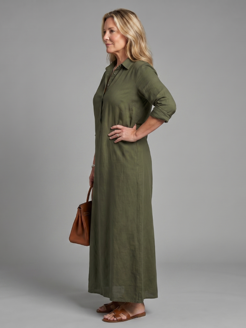 Paulina Vestido largo en verde olivo tipo lino