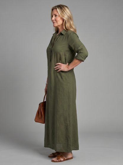 Paulina Vestido largo en verde olivo tipo lino