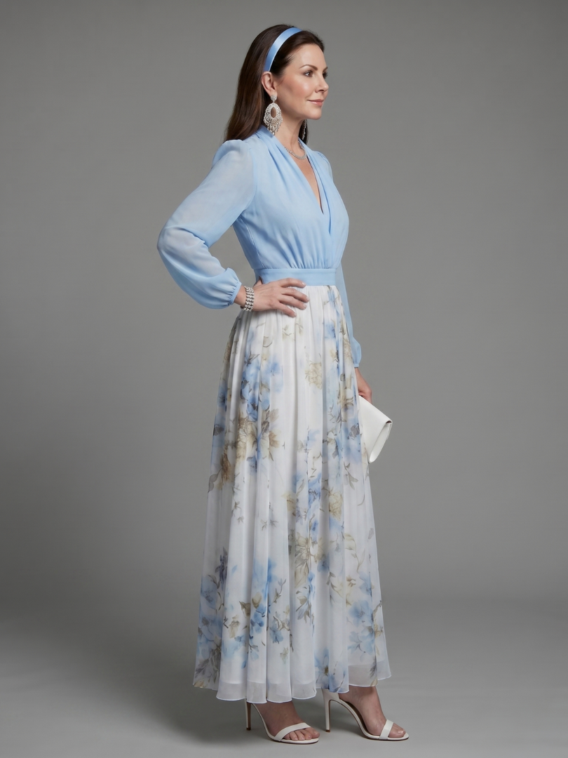 Nayeli Vestido largo con falda floral en azul claro