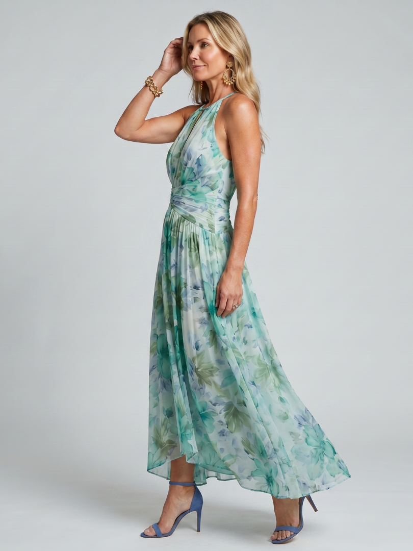 Rubí Vestido midi con flores en acuarela en verde menta