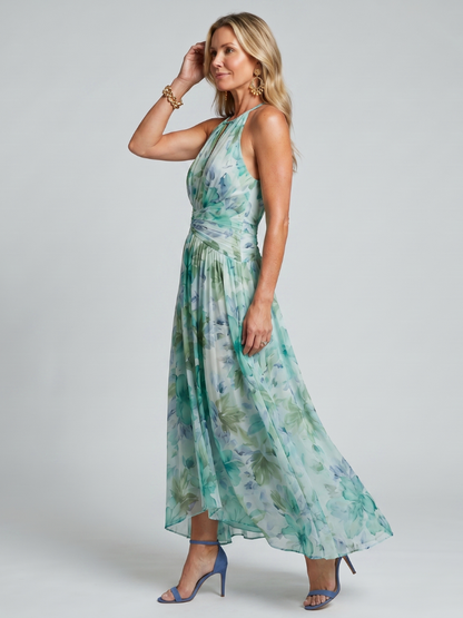 Rubí Vestido midi con flores en acuarela en verde menta