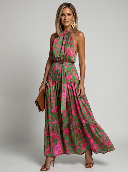 María Isabel Vestido midi con estampado floral en verde y rosa