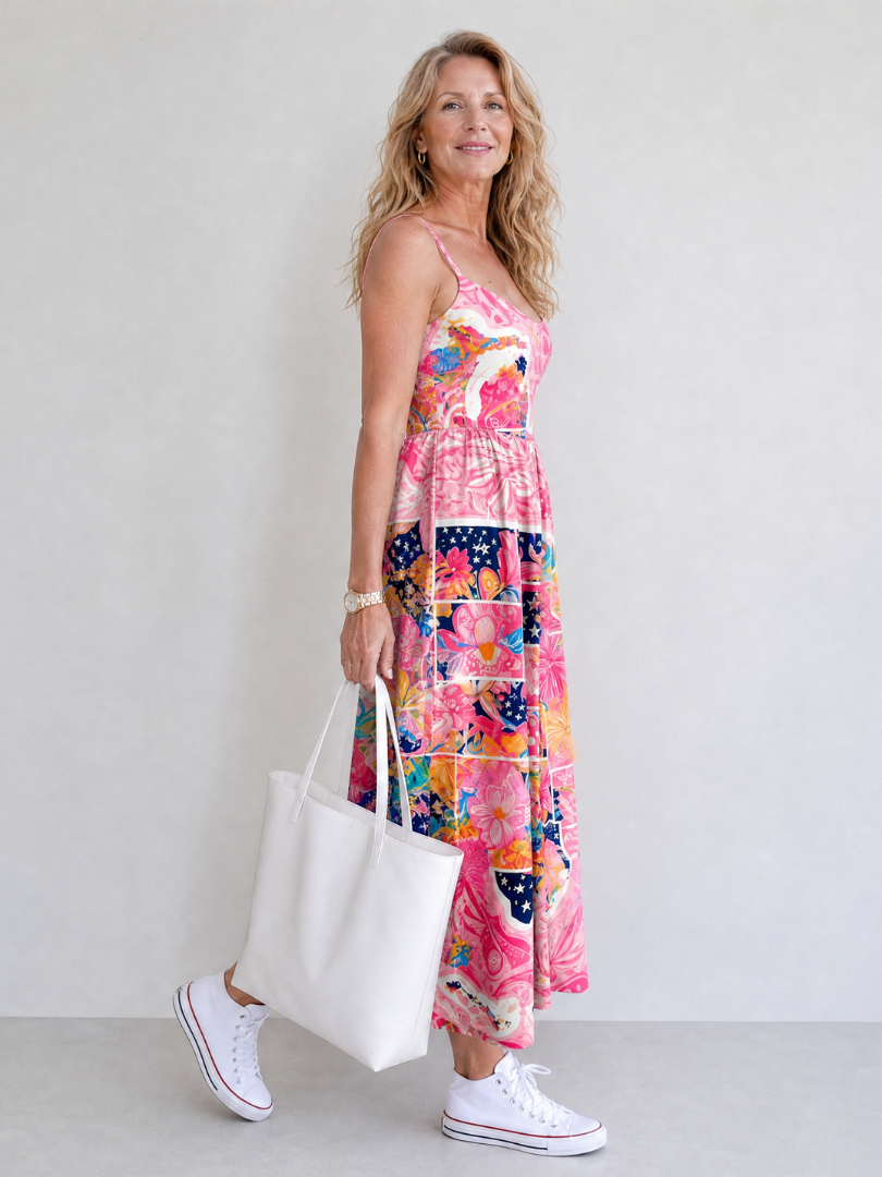 Valeria Vestido midi con patchwork floral en rosa