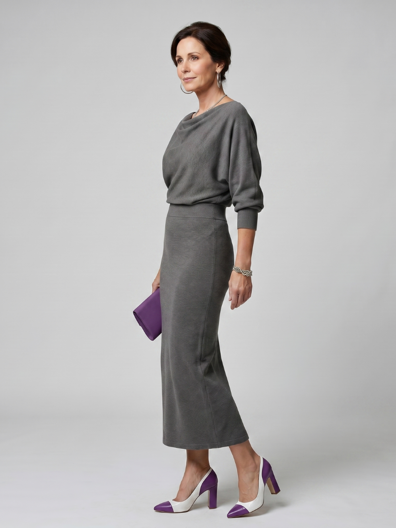 Norma Vestido tejido en gris con escote cascada