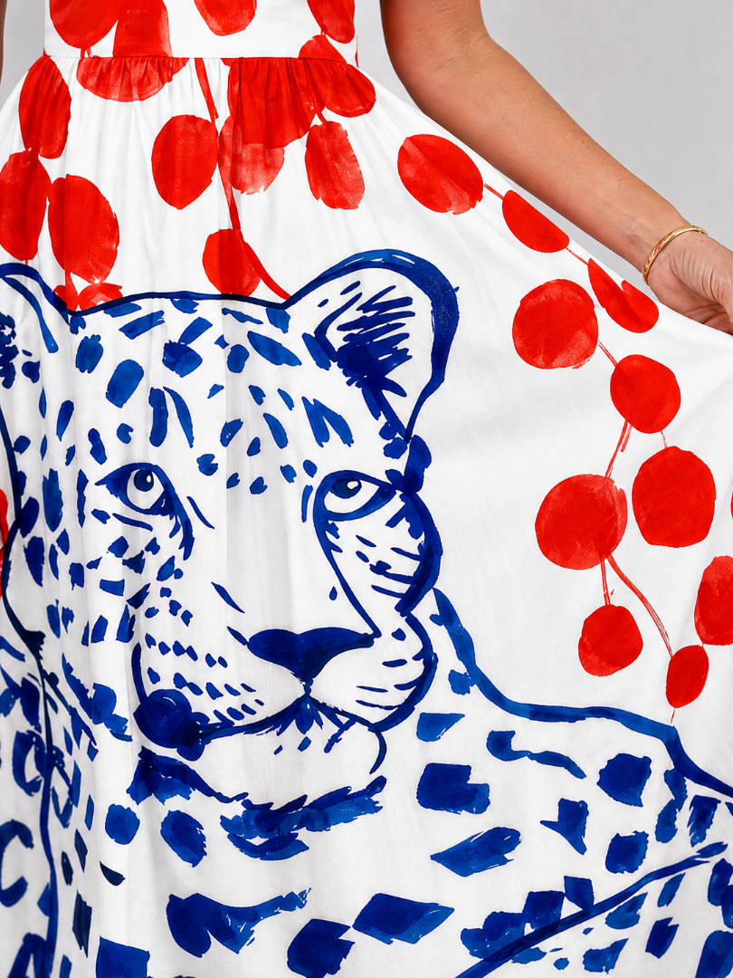 Lizeth Vestido midi con estampado de leopardo y puntos