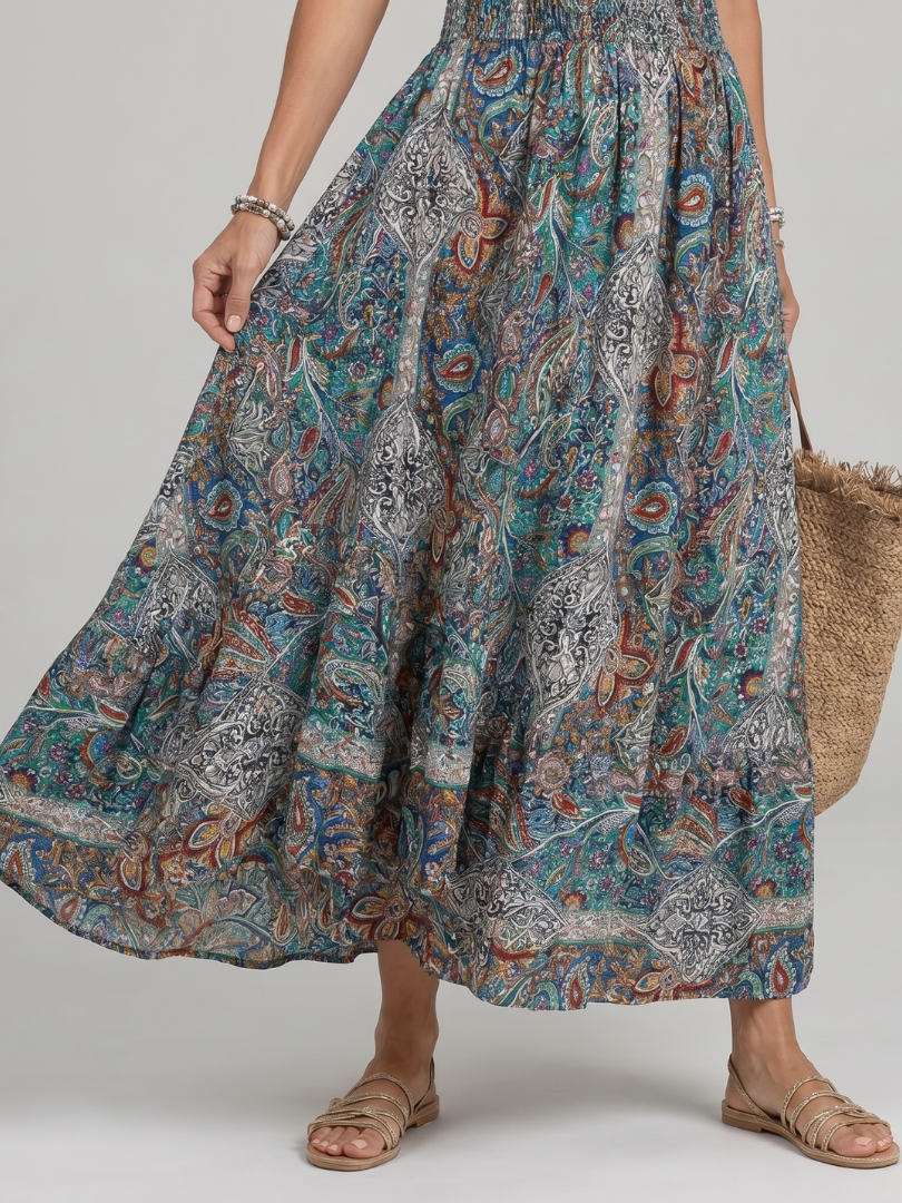 Maribel Vestido largo con estampado paisley en turquesa