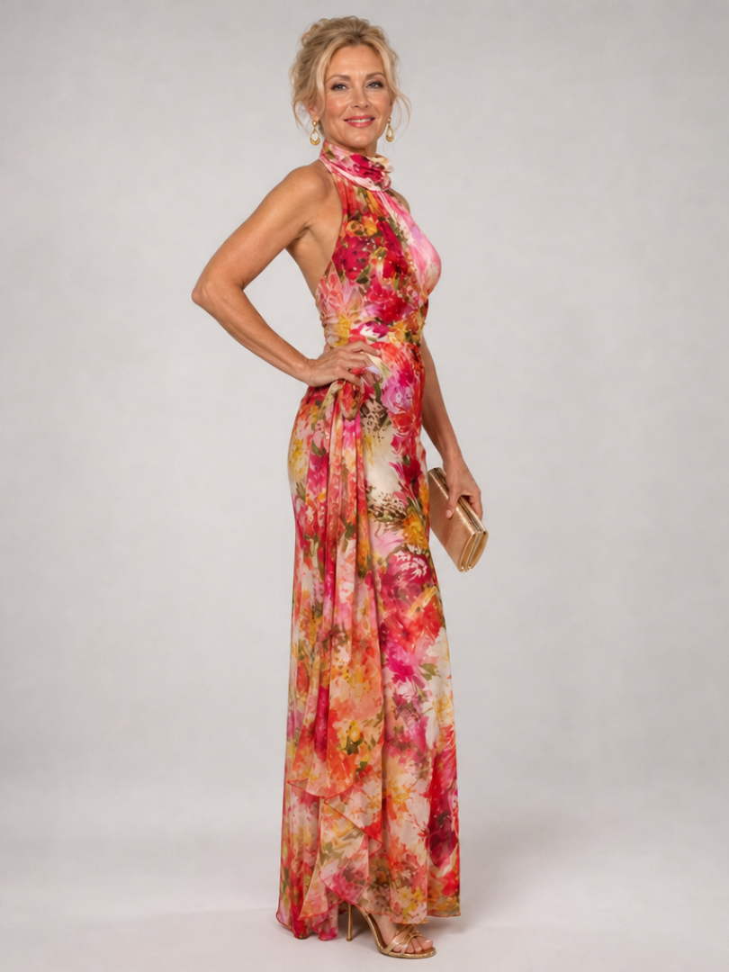 Verónica Vestido largo con estampado floral en rojo