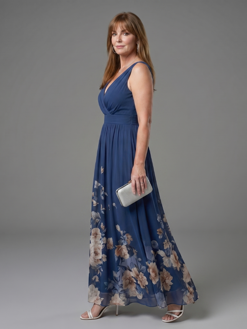 Ana Paula Vestido largo con flores en el ruedo en azul marino