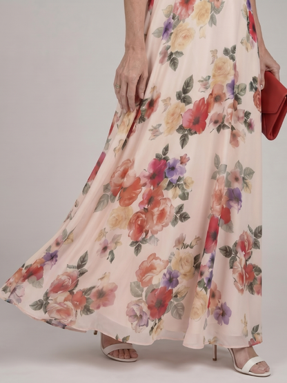 Mónica Vestido largo con rosas sobre crema
