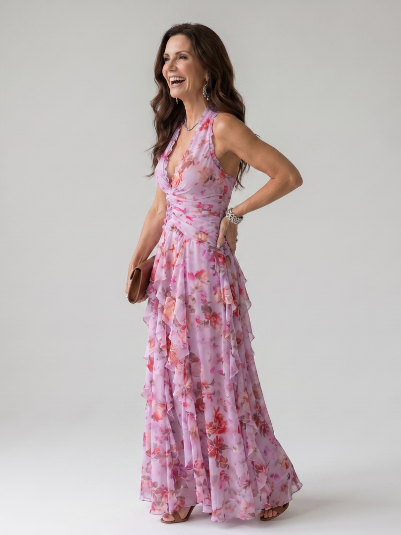 Susana Vestido largo con estampado floral en lila
