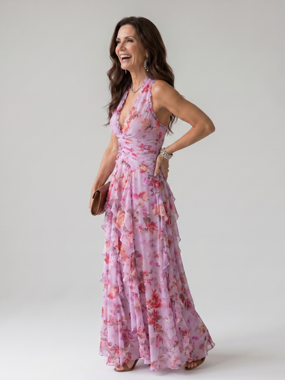 Susana Vestido largo con estampado floral en lila