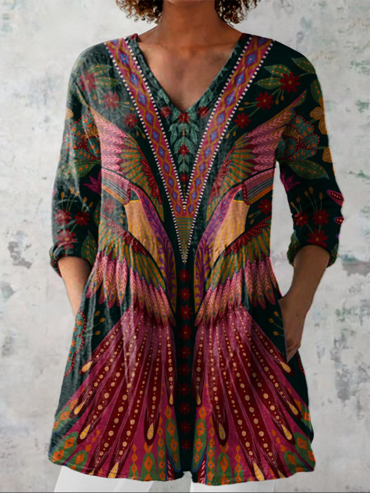 Ximena | Blusa Túnica con Escote en V y Estampado Boho