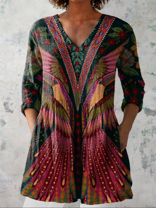 Ximena | Blusa Túnica con Escote en V y Estampado Boho