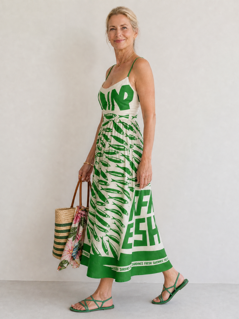 Irma Vestido midi con estampado de peces en verde