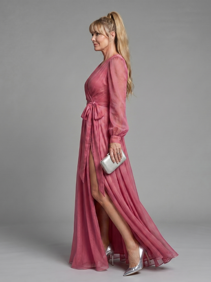 María José Vestido largo en rosa palo con cinto