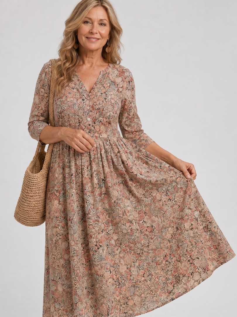 Lorena Vestido midi con flores pequeñas en beige