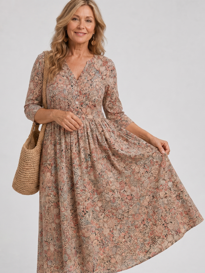 Lorena Vestido midi con flores pequeñas en beige