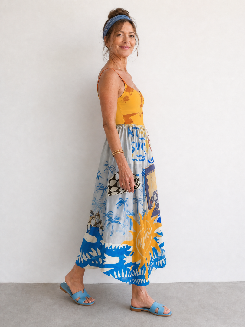 Rebeca Vestido midi con estampado mediterráneo en amarillo y azul