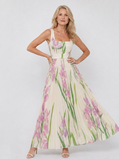 Margarita Vestido plisado con estampado de tulipanes