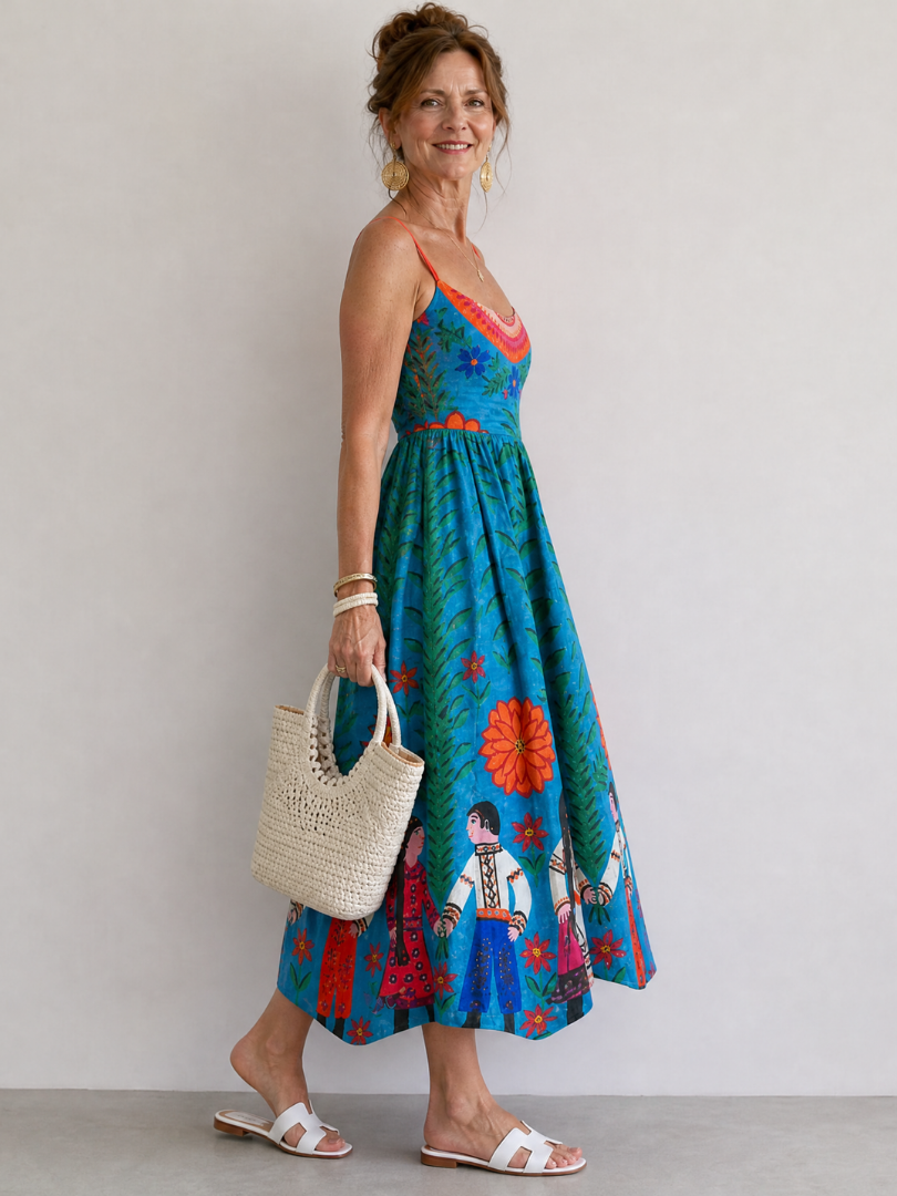 Abril Vestido midi con estampado folclórico en azul