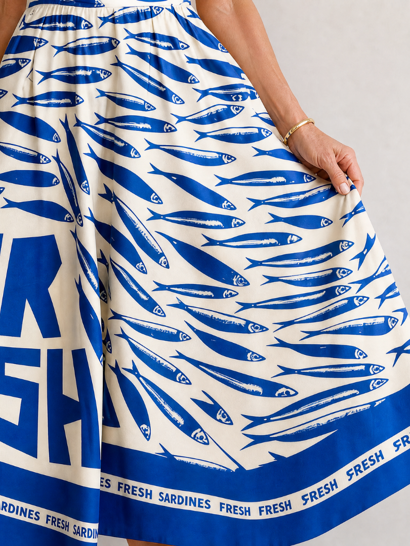 Alma Vestido midi con estampado de peces en azul