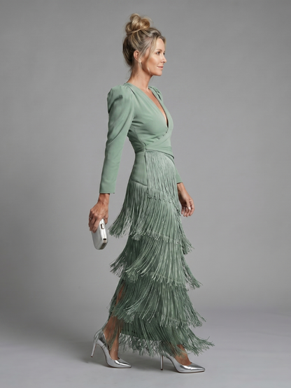 Paloma Vestido midi con flecos en verde salvia