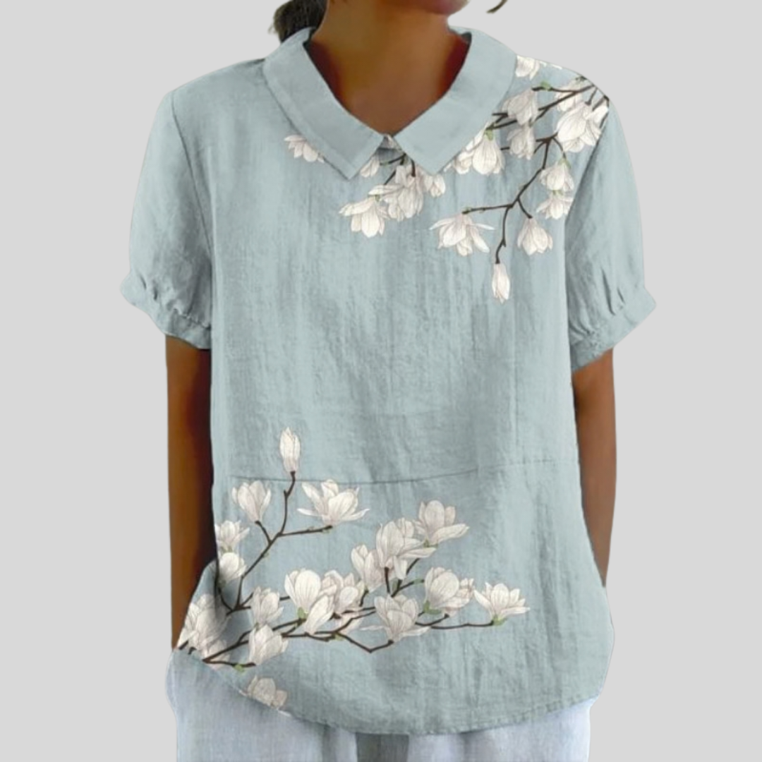 Blusa de Botones de Manga Corta con Estampado de Magnolias