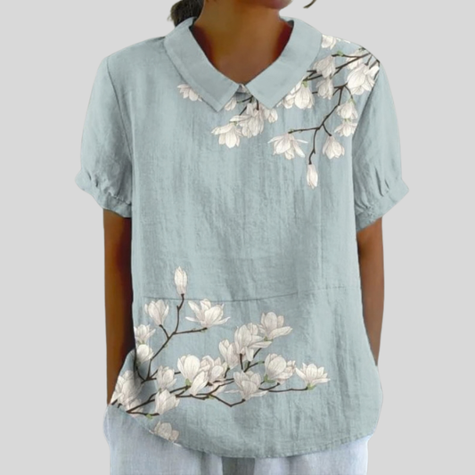 Blusa de Botones de Manga Corta con Estampado de Magnolias