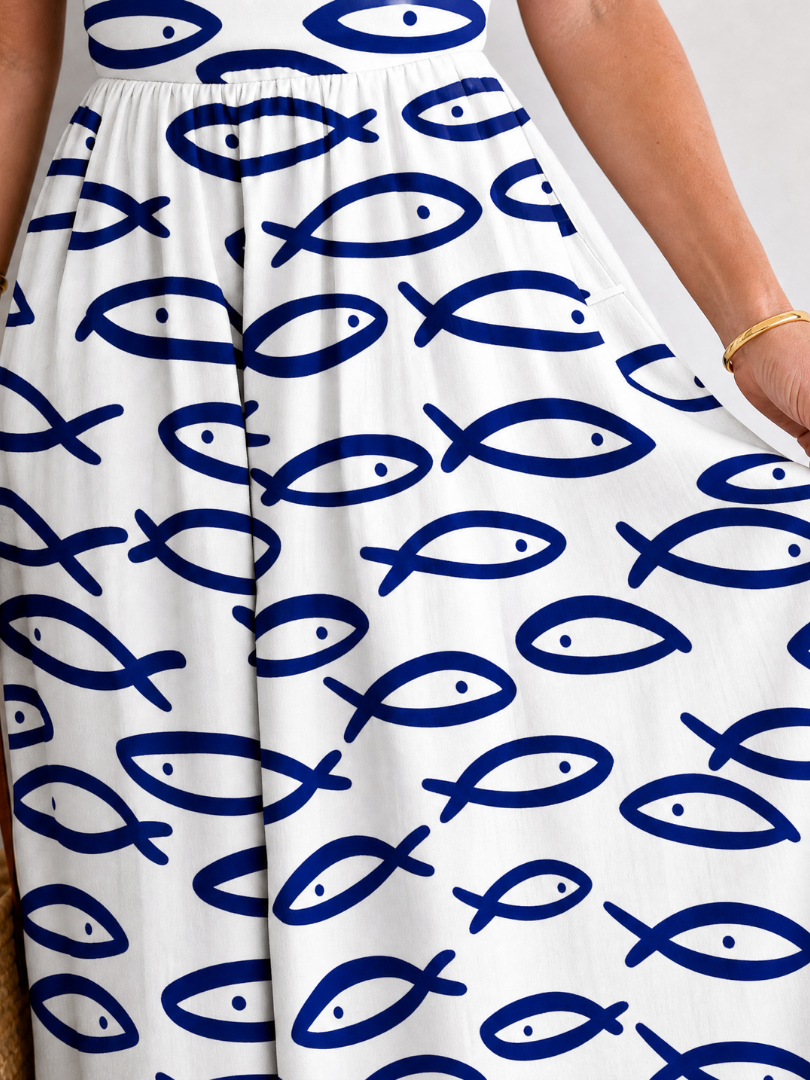 Dafne Vestido midi con estampado de peces en blanco
