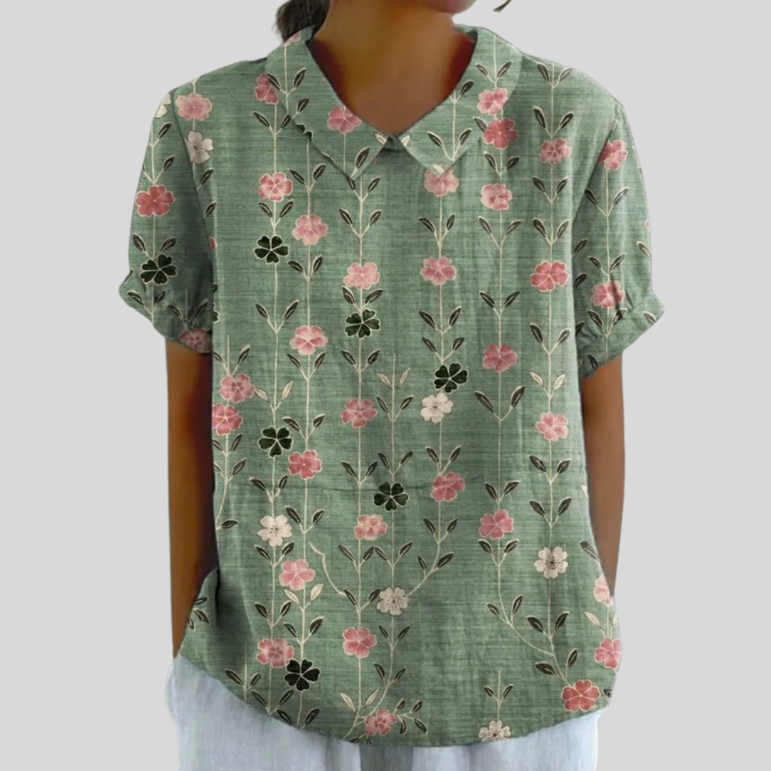 Blusa de Botones de Manga Corta con Estampado Floral sobre Verde