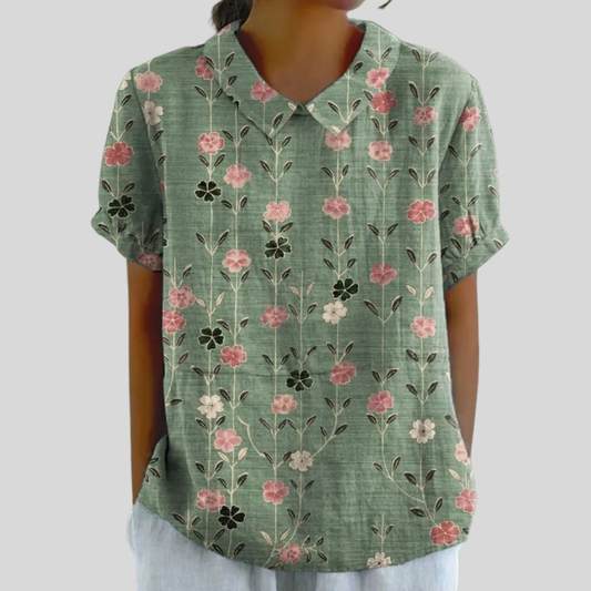 Blusa de Botones de Manga Corta con Estampado Floral sobre Verde