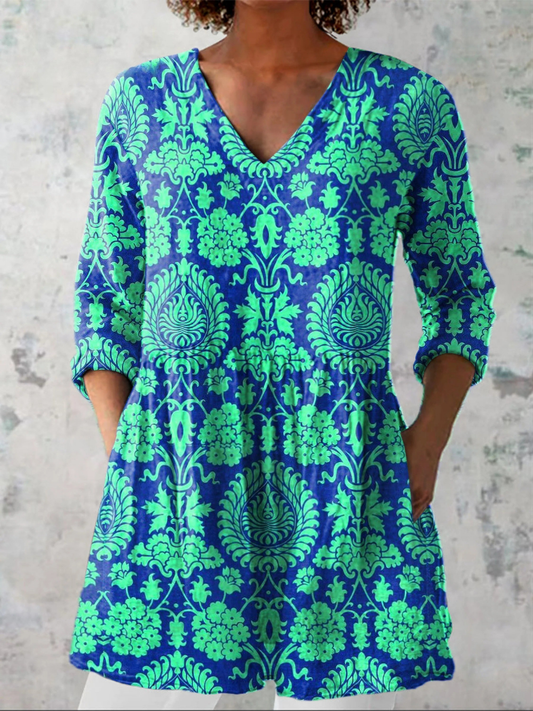 Valentina | Blusa Túnica con Escote en V y Estampado Damasco