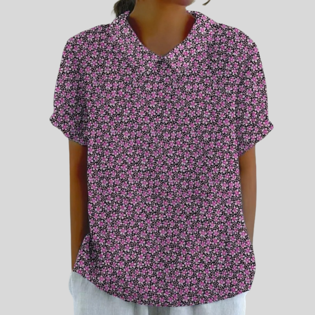 Blusa de Botones de Manga Corta con Estampado Floral en Vino
