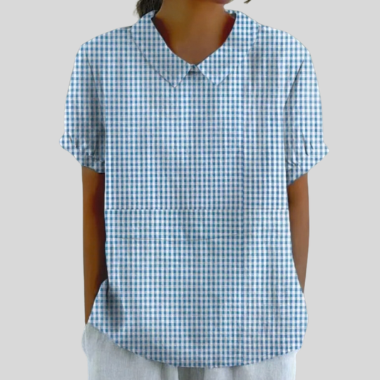 Blusa de Botones de Manga Corta con Estampado Vichy Azul
