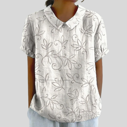 Blusa de Botones de Manga Corta con Estampado de Hojas Delicadas