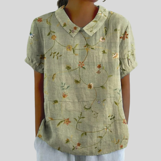 Blusa de Botones de Manga Corta con Estampado Floral Campestre