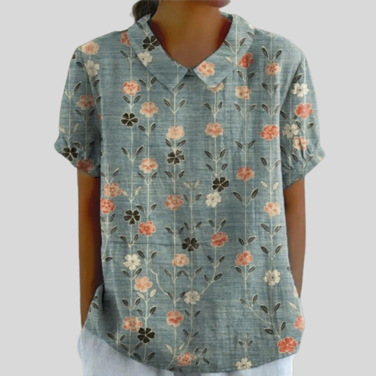 Blusa de Botones de Manga Corta con Estampado Floral Vintage