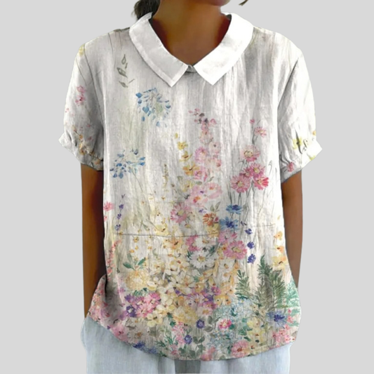 Blusa de Botones de Manga Corta con Estampado Floral Acuarela Suave