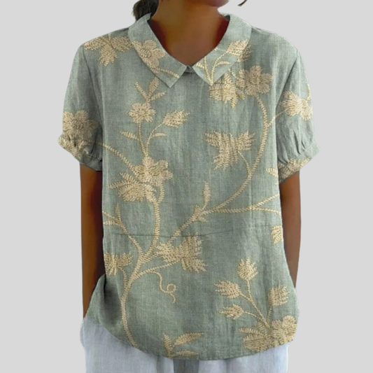 Blusa de Botones de Manga Corta con Estampado de Follaje Dorado