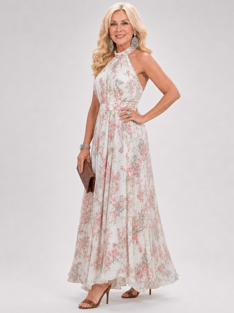 Dulce María Vestido midi con flores pequeñas sobre crema