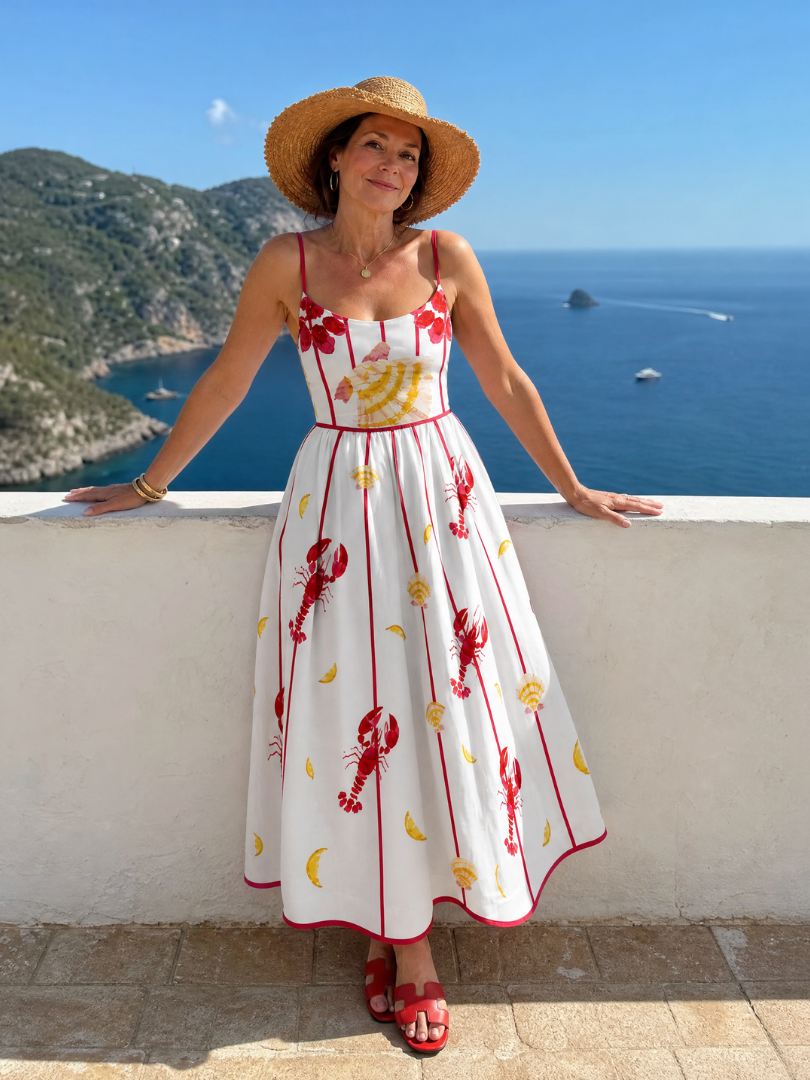 Jazmín Vestido midi con estampado de langostas y conchas