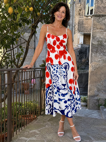 Lizeth Vestido midi con estampado de leopardo y puntos