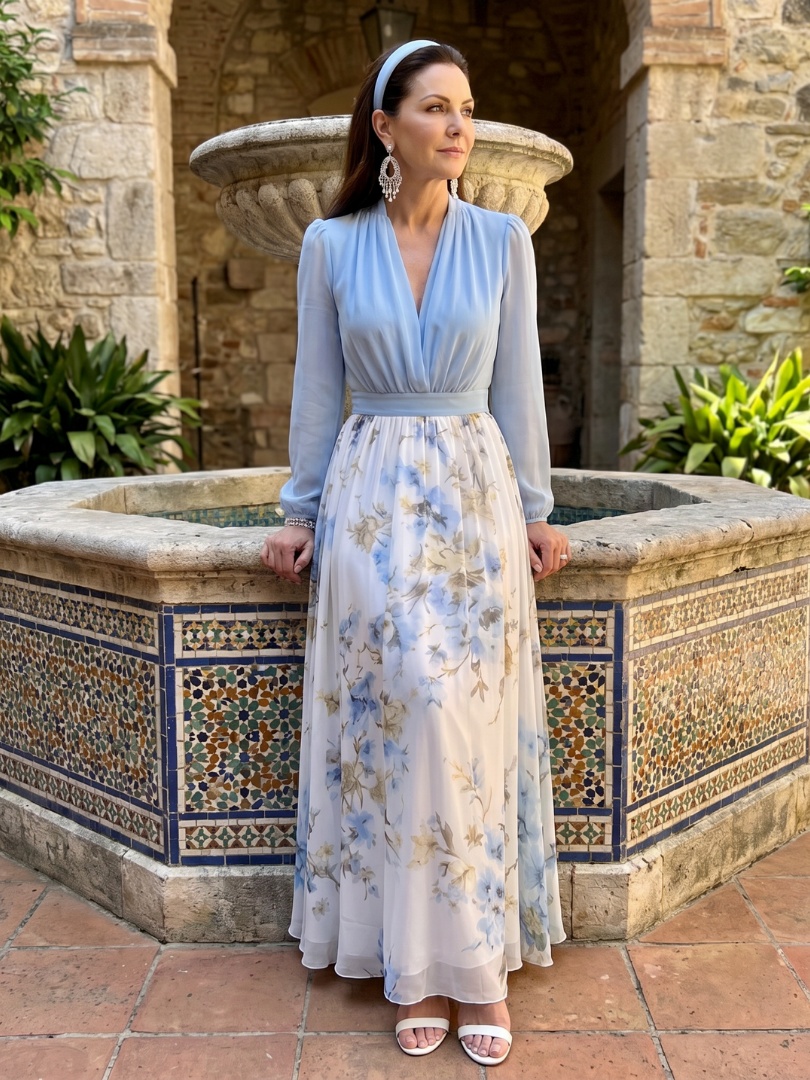 Nayeli Vestido largo con falda floral en azul claro
