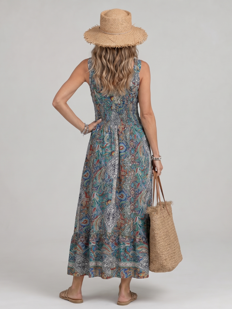 Maribel Vestido largo con estampado paisley en turquesa