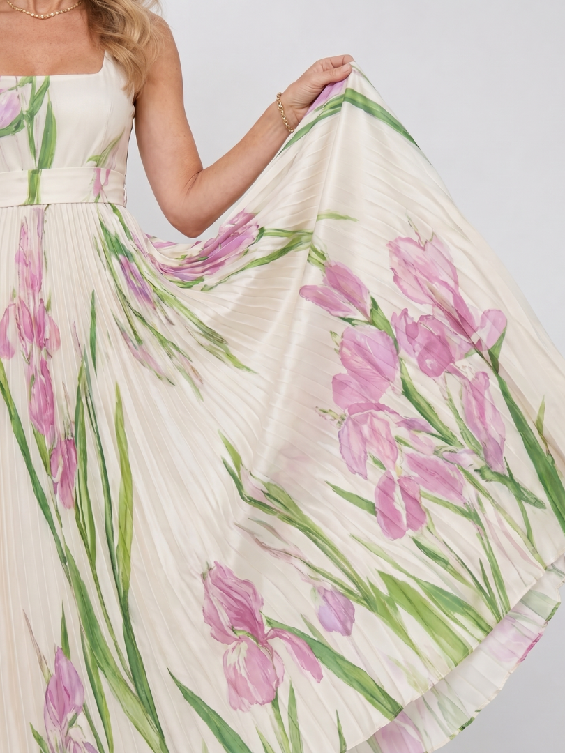 Margarita Vestido plisado con estampado de tulipanes