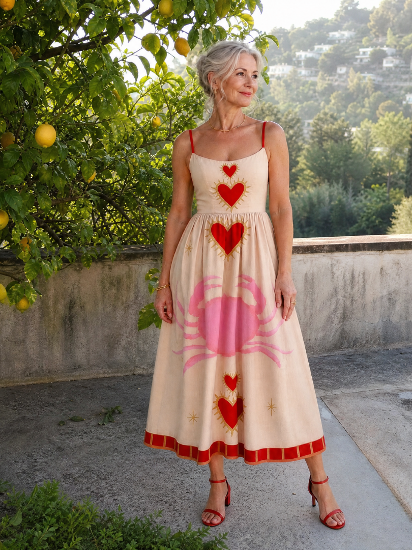 Fátima Vestido midi con estampado de corazones en rosa
