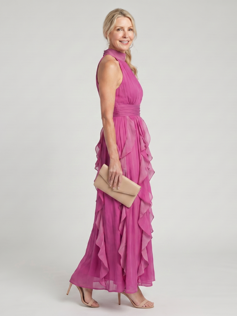 Ana Gabriela Vestido largo en magenta con olanes